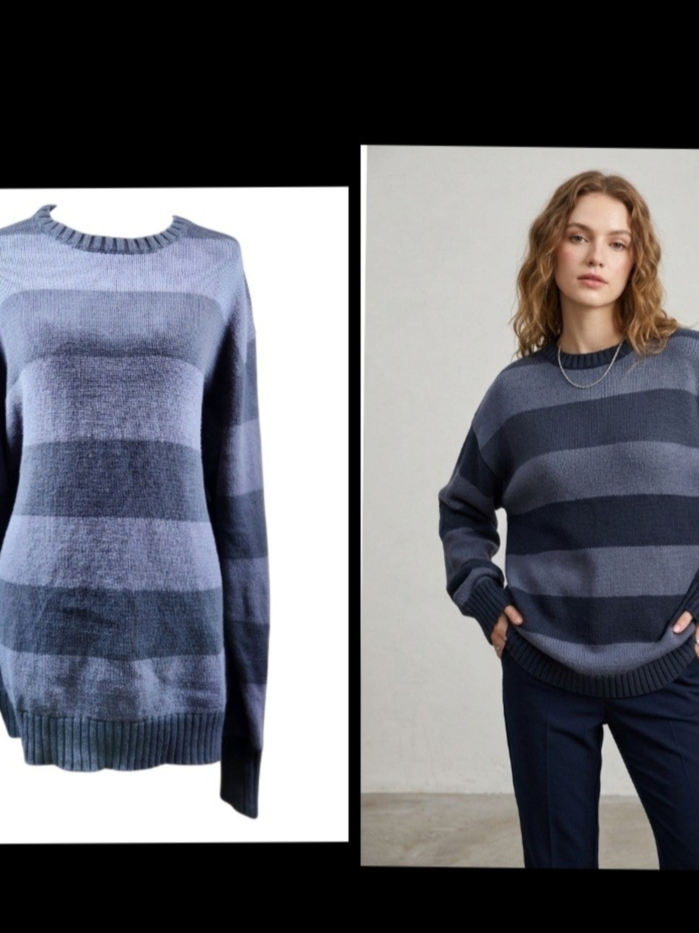 Brandy Melville Blue and Navy Striped Crewneck Sweater